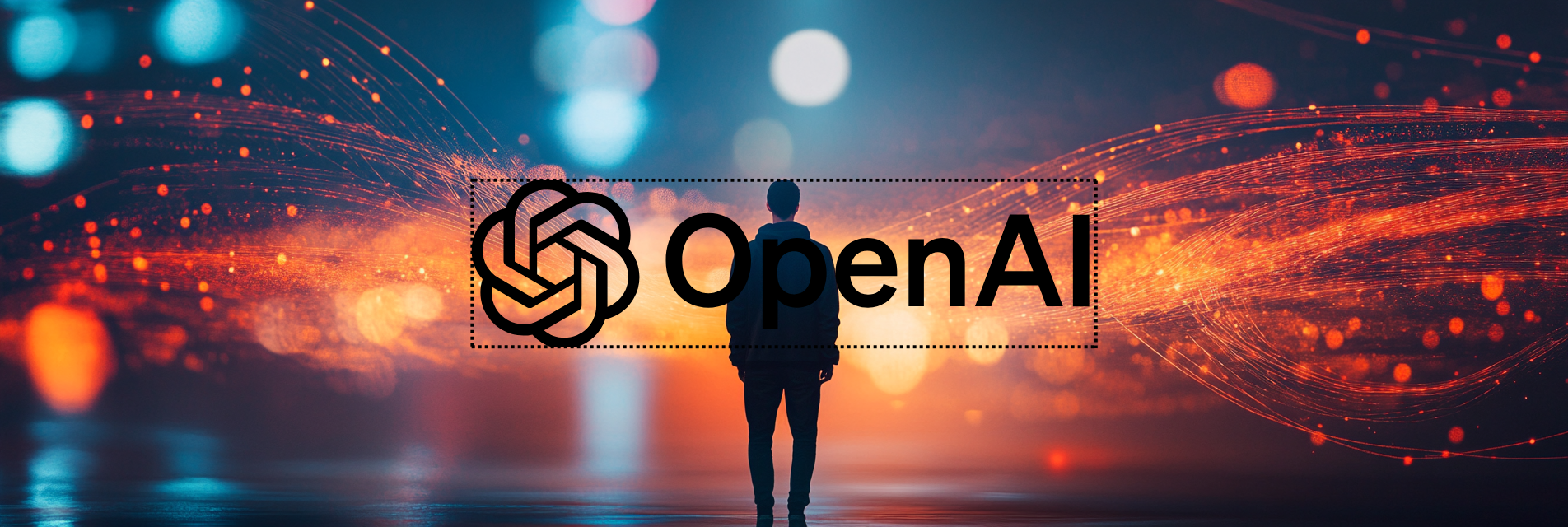 Futurisztikus OpenAI cover kép digitális adatfolyamokkal és emberi sziluettel