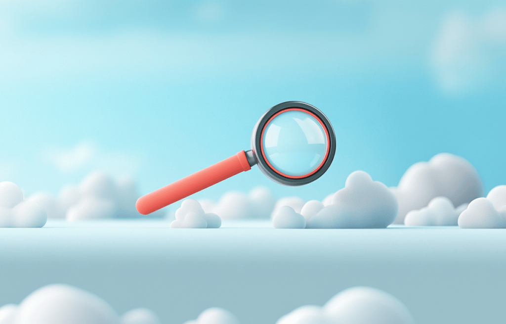Nagyító egy felhős ég háttér előtt, amely a keresést és felfedezést szimbolizálja.