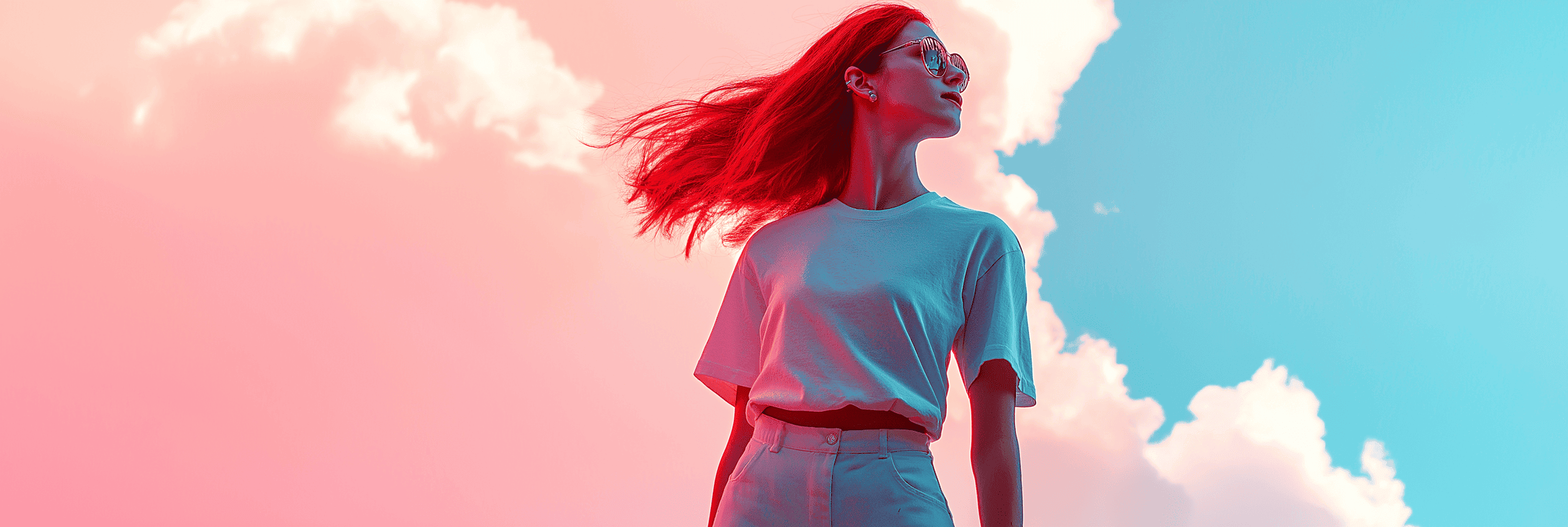 Egy fiatal nő modern, rózsaszín-kék háttérrel, az AI kreatív lehetőségeinek kifejezésére.