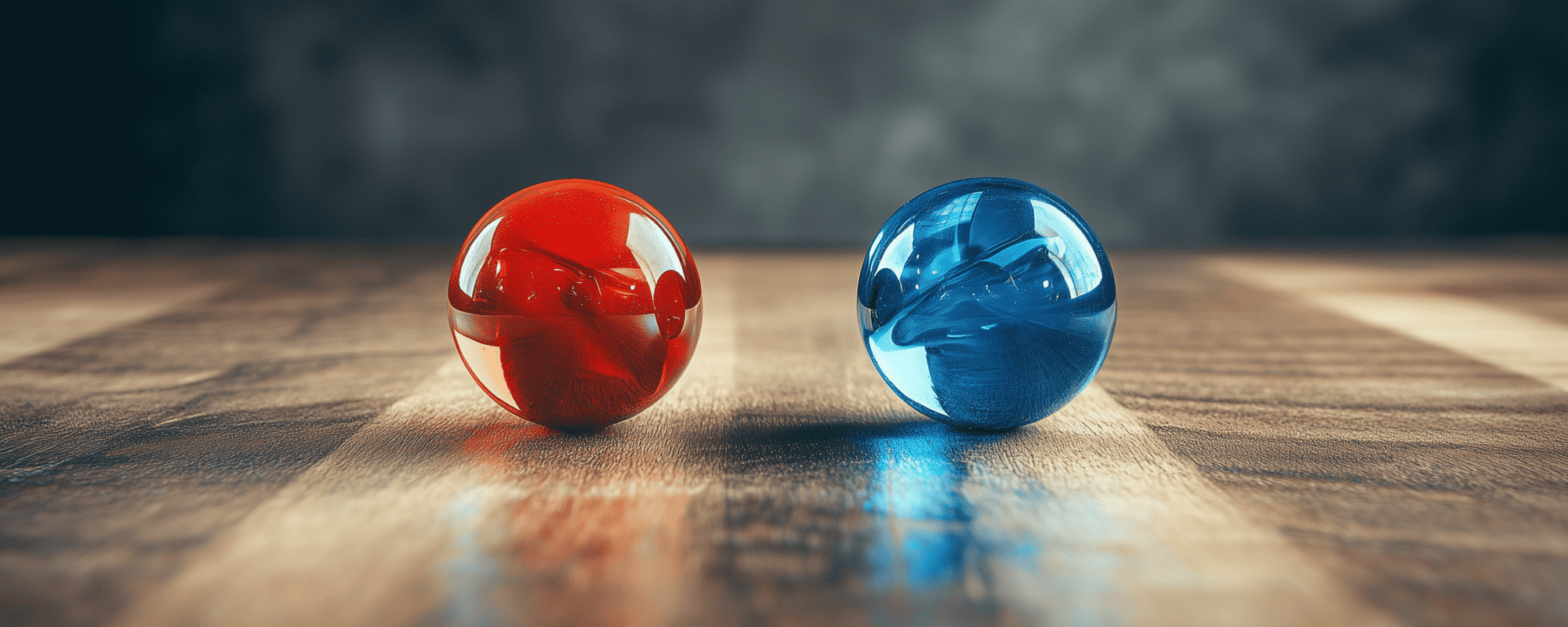 Két üveggolyó egy asztalon, piros és kék színben, amelyek a SEO és AEO együttműködését szimbolizálják.