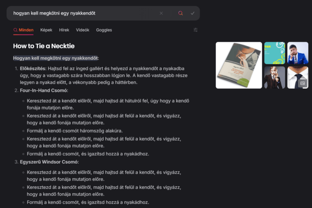 Keresési találatok a „hogyan kell megkötni egy nyakkendőt” kifejezésre, részletes utasításokkal és képekkel.