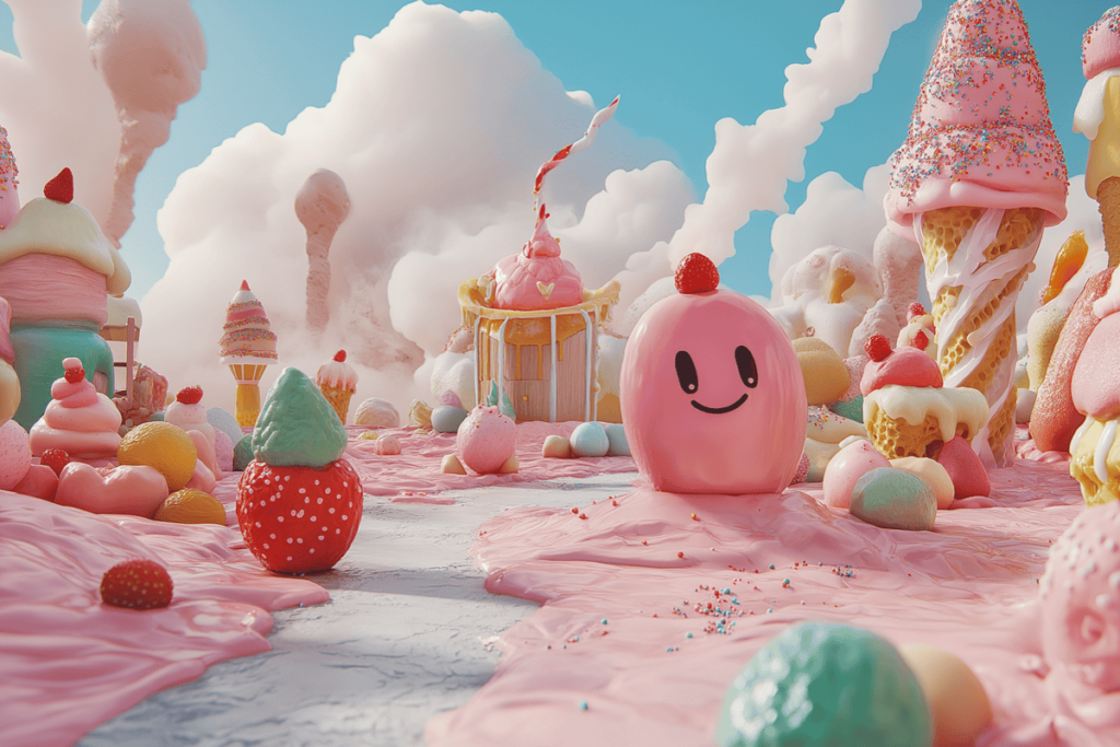 Vidám, színes snackable tartalmakat szimbolizáló kép felhőkkel és cukorkákkal.