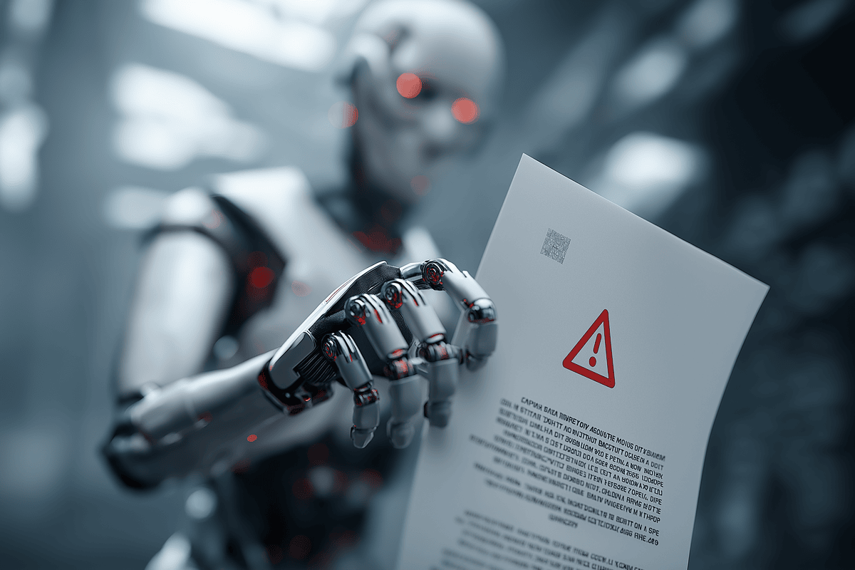 Egy humanoid mesterséges intelligencia piros háromszögben felkiáltójellel jelzett dokumentumot ad át egy zavart embernek – az AI hallucináció szimbolikus ábrázolása.