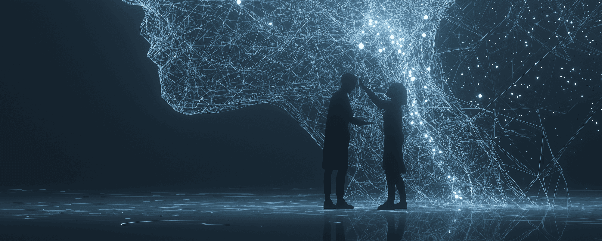 Digitális illusztráció egy ember és egy mesterséges intelligencia közötti kapcsolat szimbolikus ábrázolásával, kék fényhálóval.