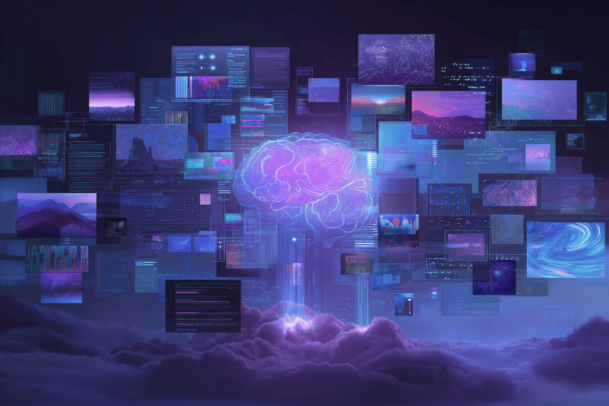 Digitális illusztráció, amely a mesterséges intelligencia különböző kimeneteit – szöveget, képet, zenét, videót és kódot – ábrázolja futurisztikus stílusban.