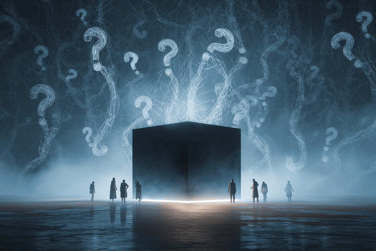 Illusztráció, amely egy világító fekete dobozt ábrázol kérdőjelekkel körülvéve, emberek figyelik kívülről – a mesterséges intelligencia „fekete doboz” működését jelképezi.